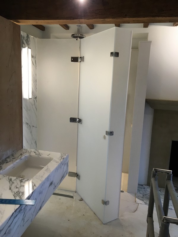 Bespoke frosted glass shower enclosure in St Albans luxury bathroom